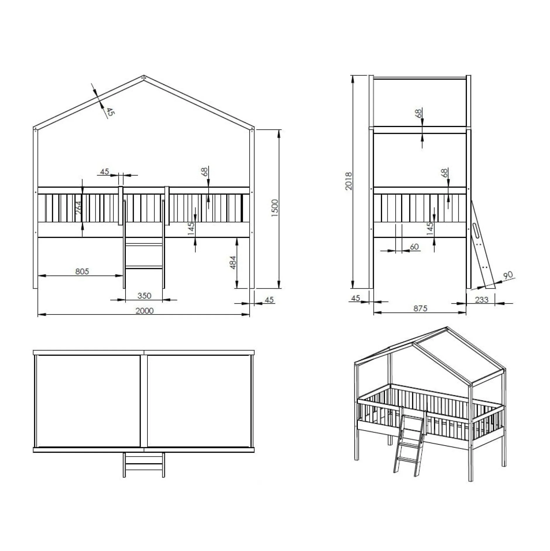 Huisbed Bibi Grenen Wit 90×200 cm – Met ladder^Huisenthuis Online